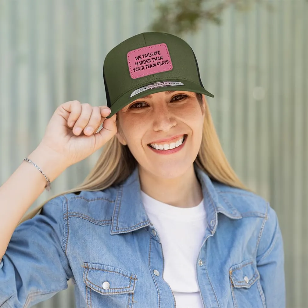Engraving Trucker Mesh Cap We Tailgate Harder Than Your Team Plays Rectangle Leather Patch 5 Panel Hats
