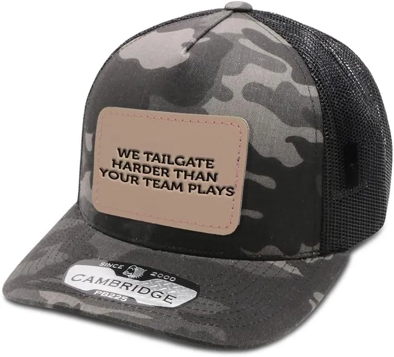 Engraving Trucker Mesh Cap We Tailgate Harder Than Your Team Plays Rectangle Leather Patch 5 Panel Hats