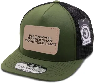 Engraving Trucker Mesh Cap We Tailgate Harder Than Your Team Plays Rectangle Leather Patch 5 Panel Hats