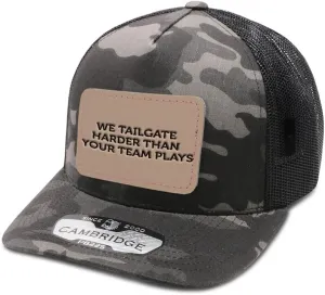 Engraving Trucker Mesh Cap We Tailgate Harder Than Your Team Plays Rectangle Leather Patch 5 Panel Hats