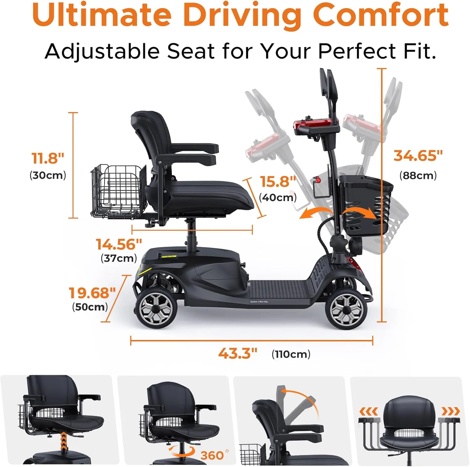 ENGWE 4 Wheel Powered Mobility Scooter, 330Lbs Load Elderly Dechtable Wheelchair Device with Max 12.4Miles, 0~5.6 MPH Adjustable Speed, Heavy Duty All Terrain Electric Scooter for Senior Short Travel