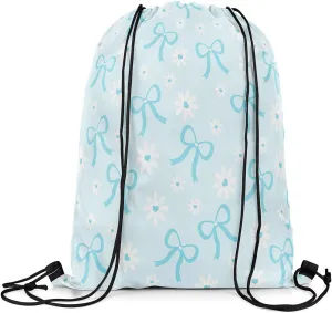Erosebridal Blue Ribbon Bowknot Drawstring Backpack 13x15.7, Kawaii Bow Tie Princess Bow Foldable String Bag, Sweet Cute Sackpack For Sport Gym Swim Yoga Camping, Daisy Flower Dreamy Cinch Bags