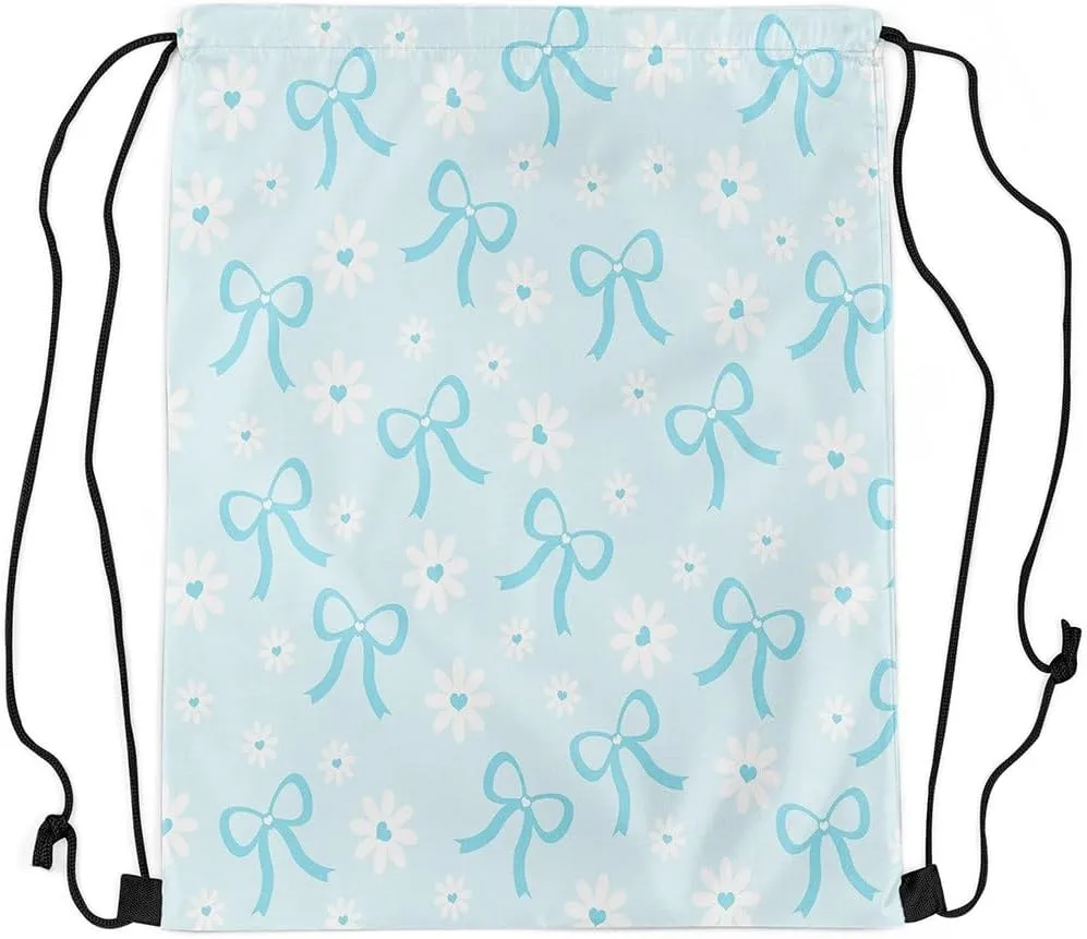 Erosebridal Blue Ribbon Bowknot Drawstring Backpack 13x15.7, Kawaii Bow Tie Princess Bow Foldable String Bag, Sweet Cute Sackpack For Sport Gym Swim Yoga Camping, Daisy Flower Dreamy Cinch Bags