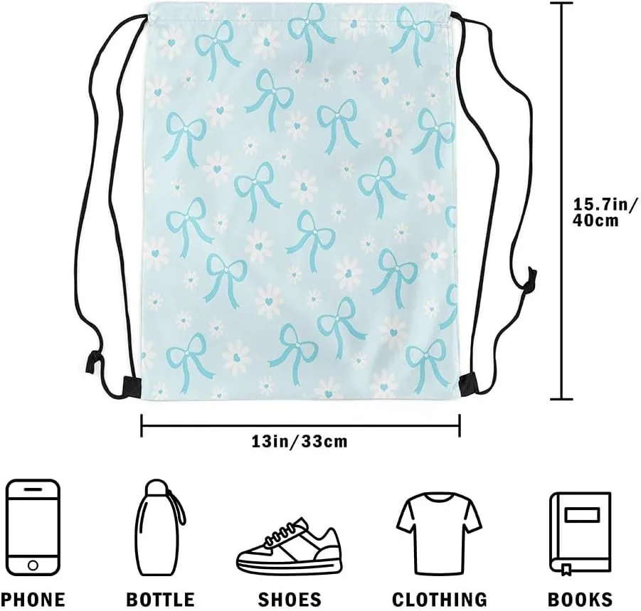 Erosebridal Blue Ribbon Bowknot Drawstring Backpack 13x15.7, Kawaii Bow Tie Princess Bow Foldable String Bag, Sweet Cute Sackpack For Sport Gym Swim Yoga Camping, Daisy Flower Dreamy Cinch Bags