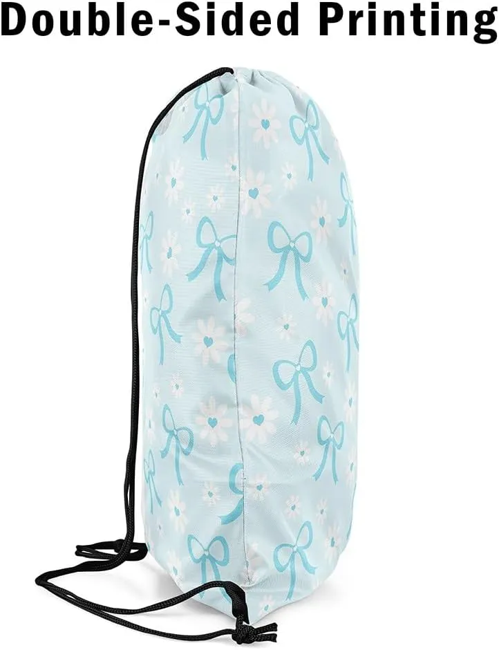 Erosebridal Blue Ribbon Bowknot Drawstring Backpack 13x15.7, Kawaii Bow Tie Princess Bow Foldable String Bag, Sweet Cute Sackpack For Sport Gym Swim Yoga Camping, Daisy Flower Dreamy Cinch Bags