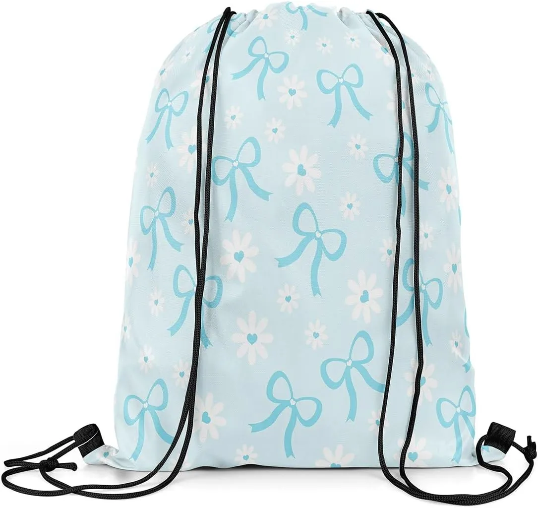 Erosebridal Blue Ribbon Bowknot Drawstring Backpack 13x15.7, Kawaii Bow Tie Princess Bow Foldable String Bag, Sweet Cute Sackpack For Sport Gym Swim Yoga Camping, Daisy Flower Dreamy Cinch Bags