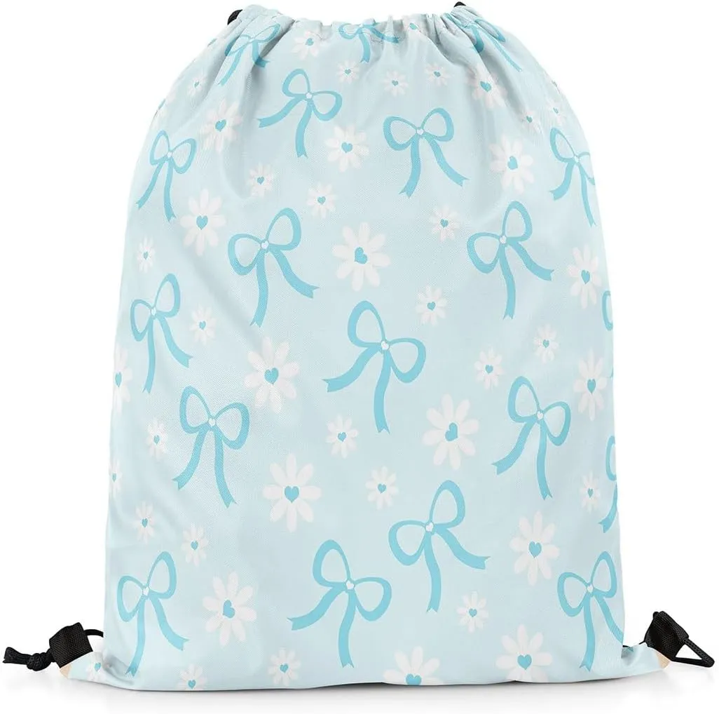 Erosebridal Blue Ribbon Bowknot Drawstring Backpack 13x15.7, Kawaii Bow Tie Princess Bow Foldable String Bag, Sweet Cute Sackpack For Sport Gym Swim Yoga Camping, Daisy Flower Dreamy Cinch Bags