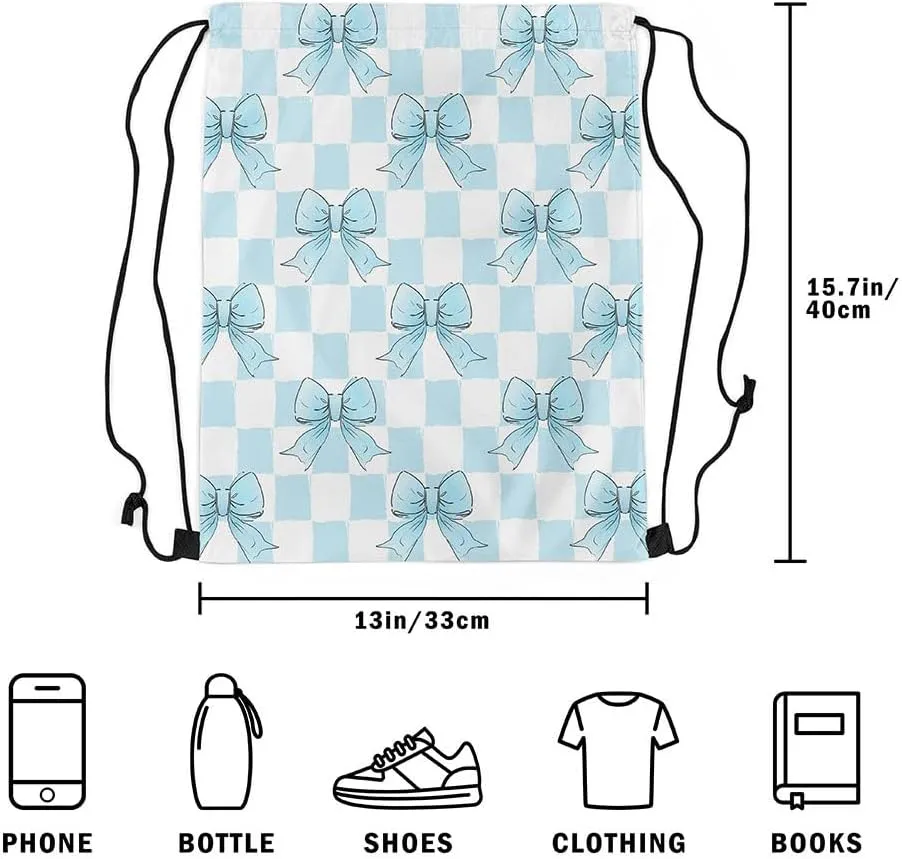 Erosebridal Blue Ribbon Bowknot Drawstring Backpack, Grid Plaid Bow Reversible String Bag, Kawaii Dreamy Princess Sackpack For Sport Gym Swim Yoga Camping, Cartoon Bow Tie Cinch Bags