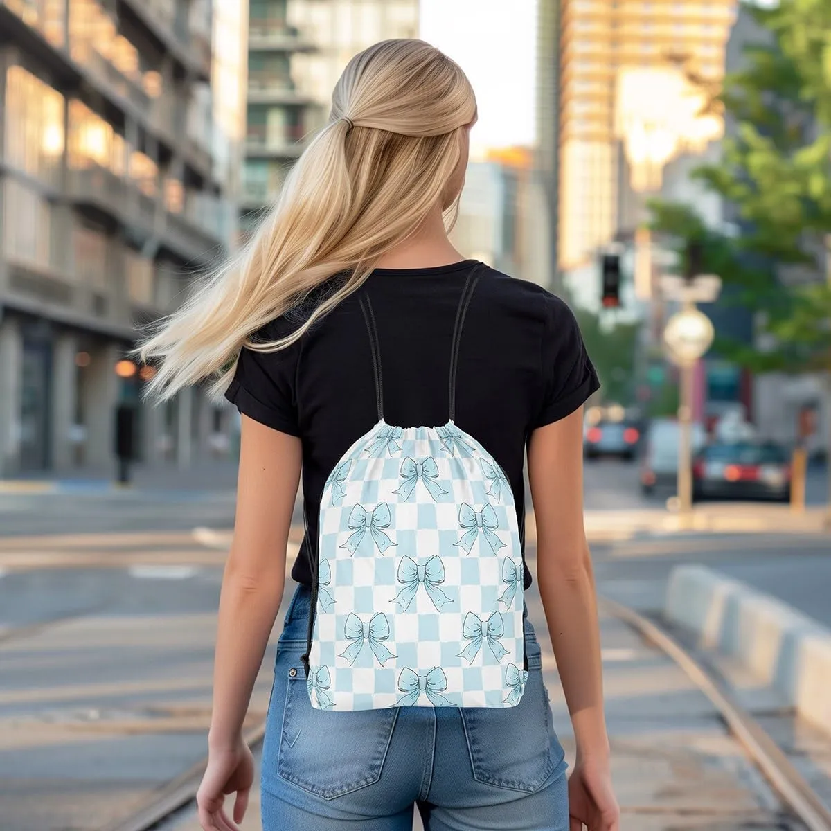 Erosebridal Blue Ribbon Bowknot Drawstring Backpack, Grid Plaid Bow Reversible String Bag, Kawaii Dreamy Princess Sackpack For Sport Gym Swim Yoga Camping, Cartoon Bow Tie Cinch Bags