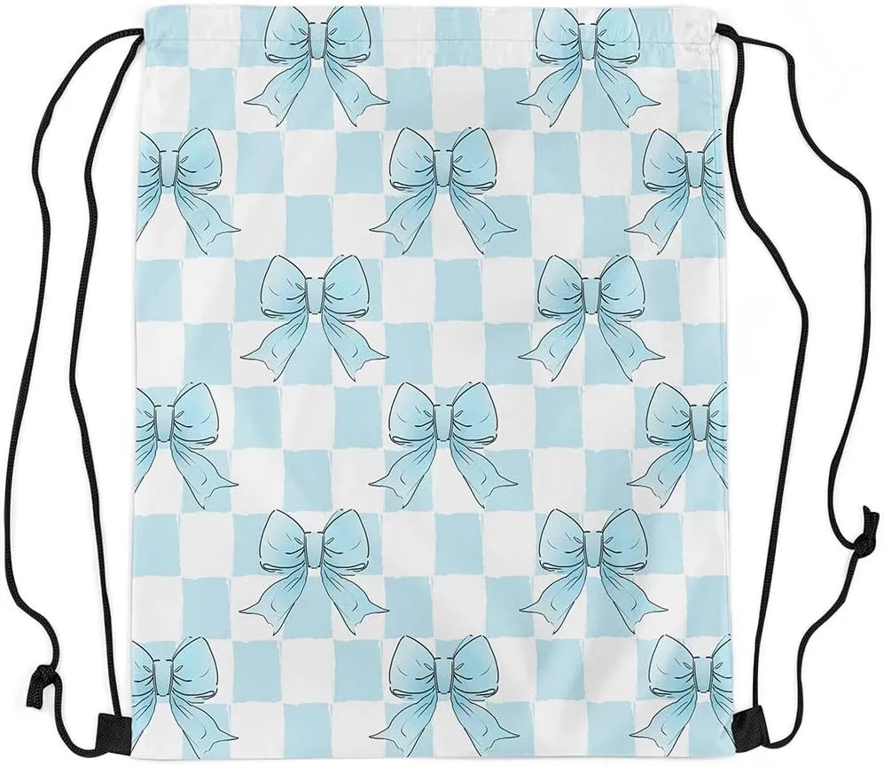 Erosebridal Blue Ribbon Bowknot Drawstring Backpack, Grid Plaid Bow Reversible String Bag, Kawaii Dreamy Princess Sackpack For Sport Gym Swim Yoga Camping, Cartoon Bow Tie Cinch Bags