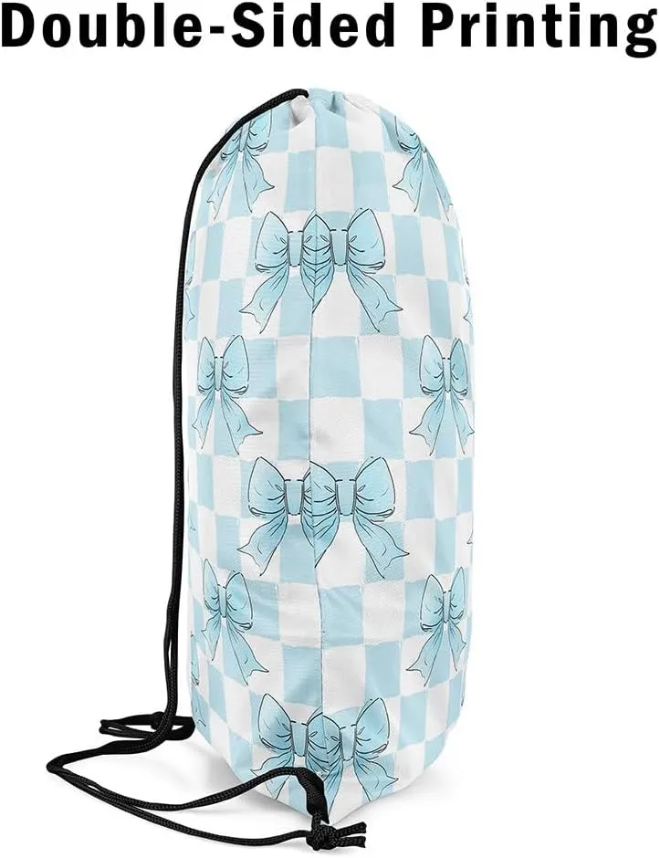 Erosebridal Blue Ribbon Bowknot Drawstring Backpack, Grid Plaid Bow Reversible String Bag, Kawaii Dreamy Princess Sackpack For Sport Gym Swim Yoga Camping, Cartoon Bow Tie Cinch Bags