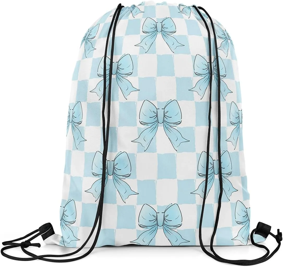 Erosebridal Blue Ribbon Bowknot Drawstring Backpack, Grid Plaid Bow Reversible String Bag, Kawaii Dreamy Princess Sackpack For Sport Gym Swim Yoga Camping, Cartoon Bow Tie Cinch Bags