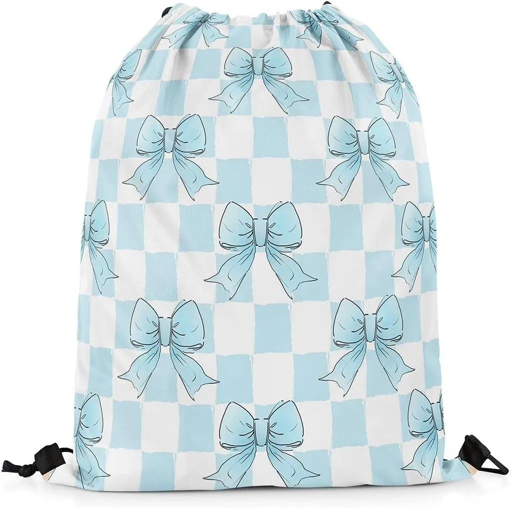 Erosebridal Blue Ribbon Bowknot Drawstring Backpack, Grid Plaid Bow Reversible String Bag, Kawaii Dreamy Princess Sackpack For Sport Gym Swim Yoga Camping, Cartoon Bow Tie Cinch Bags