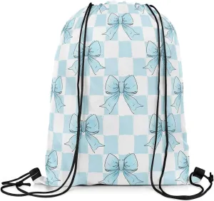 Erosebridal Blue Ribbon Bowknot Drawstring Backpack, Grid Plaid Bow Reversible String Bag, Kawaii Dreamy Princess Sackpack For Sport Gym Swim Yoga Camping, Cartoon Bow Tie Cinch Bags