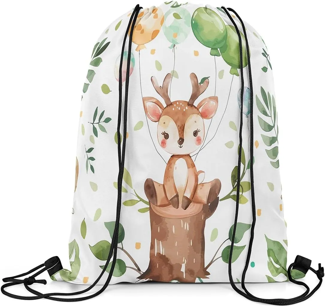 Erosebridal Cartoon Deer Drawstring Backpack 13x15.7, Kawaii Wildlife Balloons Reversible Drawstring Bags For Gym Swim, Cute Animals Draw String Back Bag, Brown Green Trees Foldable String Backpack