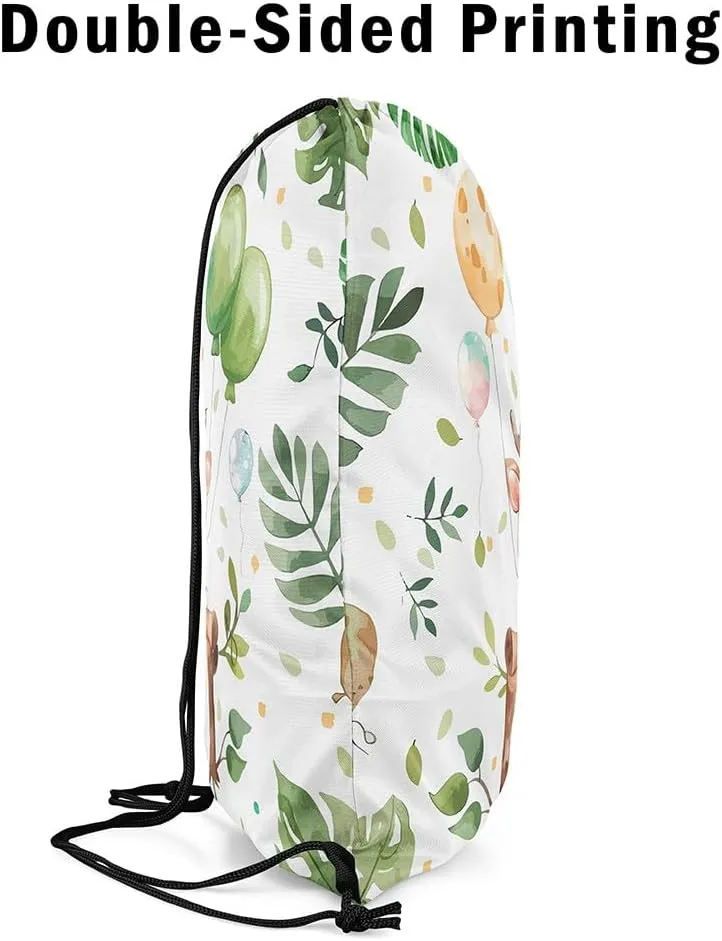 Erosebridal Cartoon Deer Drawstring Backpack 13x15.7, Kawaii Wildlife Balloons Reversible Drawstring Bags For Gym Swim, Cute Animals Draw String Back Bag, Brown Green Trees Foldable String Backpack