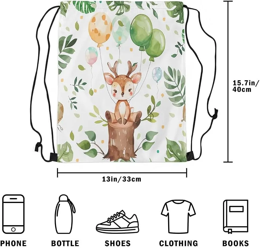 Erosebridal Cartoon Deer Drawstring Backpack 13x15.7, Kawaii Wildlife Balloons Reversible Drawstring Bags For Gym Swim, Cute Animals Draw String Back Bag, Brown Green Trees Foldable String Backpack