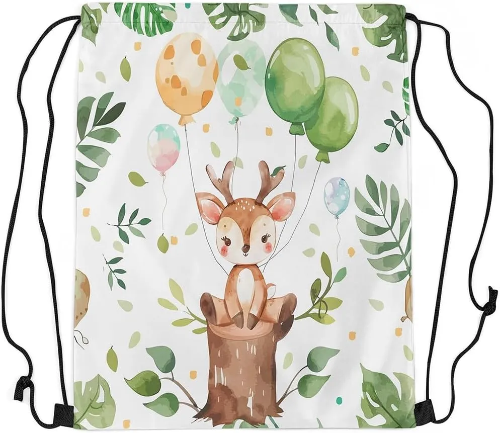 Erosebridal Cartoon Deer Drawstring Backpack 13x15.7, Kawaii Wildlife Balloons Reversible Drawstring Bags For Gym Swim, Cute Animals Draw String Back Bag, Brown Green Trees Foldable String Backpack