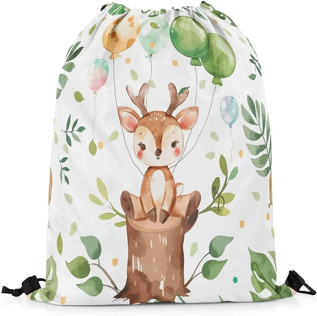Erosebridal Cartoon Deer Drawstring Backpack 13x15.7, Kawaii Wildlife Balloons Reversible Drawstring Bags For Gym Swim, Cute Animals Draw String Back Bag, Brown Green Trees Foldable String Backpack