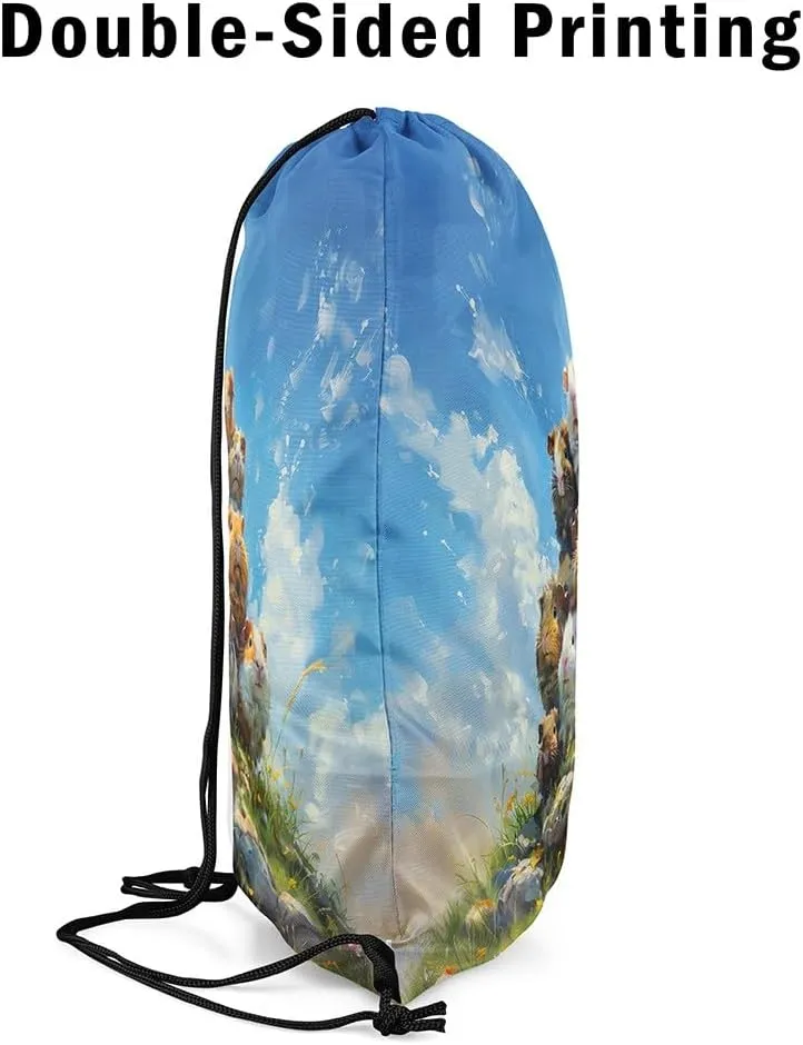 Erosebridal Cute Guinea Pig Drawstring Bags Kawaii Guinea Pig Draw String Back Bag 13X15.7 Natural Flower Stones String Backpack for Swim Yoga Camping Watercolor Painting Drawstring Backpack
