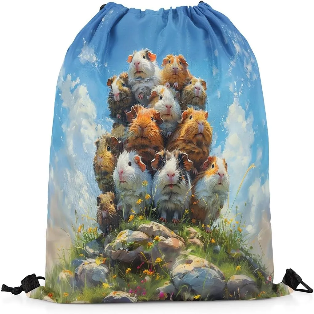 Erosebridal Cute Guinea Pig Drawstring Bags Kawaii Guinea Pig Draw String Back Bag 13X15.7 Natural Flower Stones String Backpack for Swim Yoga Camping Watercolor Painting Drawstring Backpack