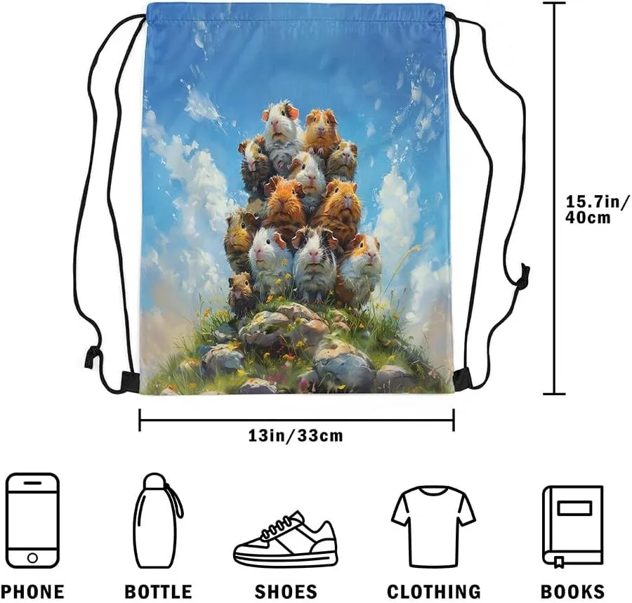 Erosebridal Cute Guinea Pig Drawstring Bags Kawaii Guinea Pig Draw String Back Bag 13X15.7 Natural Flower Stones String Backpack for Swim Yoga Camping Watercolor Painting Drawstring Backpack