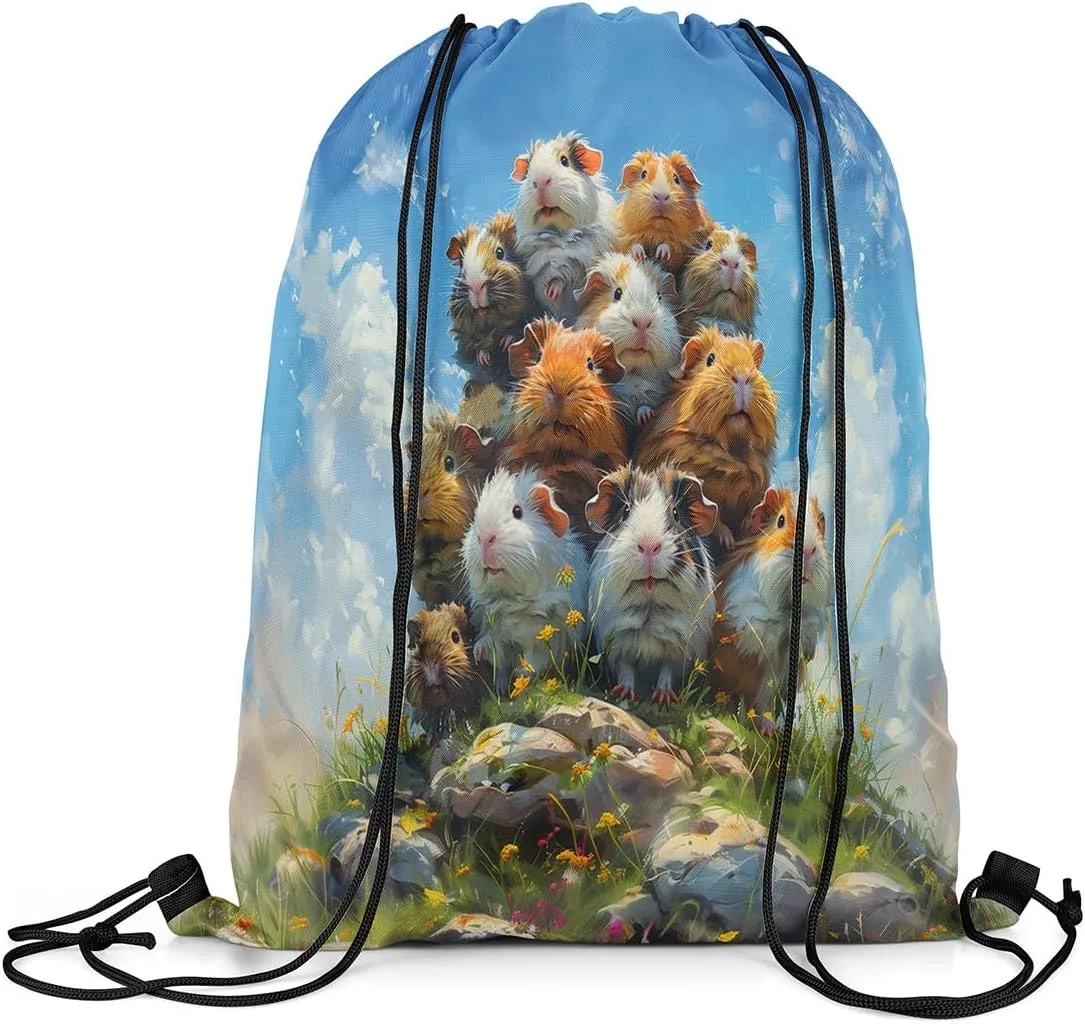 Erosebridal Cute Guinea Pig Drawstring Bags Kawaii Guinea Pig Draw String Back Bag 13X15.7 Natural Flower Stones String Backpack for Swim Yoga Camping Watercolor Painting Drawstring Backpack