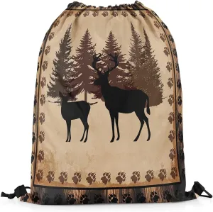Erosebridal Deer Hunting Drawstring Backpack,Safari Animal Wildlife Decor Drawstring Bags,Rustic Cabin Lodge String Backpack,Alk Anlters Deer Moose Woodland Jungle Draw String Back Bag,13x15.7