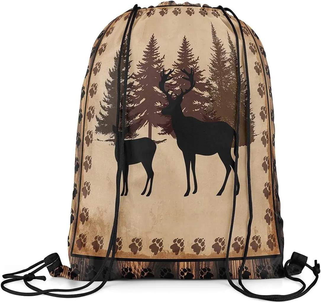 Erosebridal Deer Hunting Drawstring Backpack,Safari Animal Wildlife Decor Drawstring Bags,Rustic Cabin Lodge String Backpack,Alk Anlters Deer Moose Woodland Jungle Draw String Back Bag,13x15.7