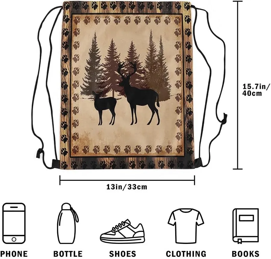 Erosebridal Deer Hunting Drawstring Backpack,Safari Animal Wildlife Decor Drawstring Bags,Rustic Cabin Lodge String Backpack,Alk Anlters Deer Moose Woodland Jungle Draw String Back Bag,13x15.7