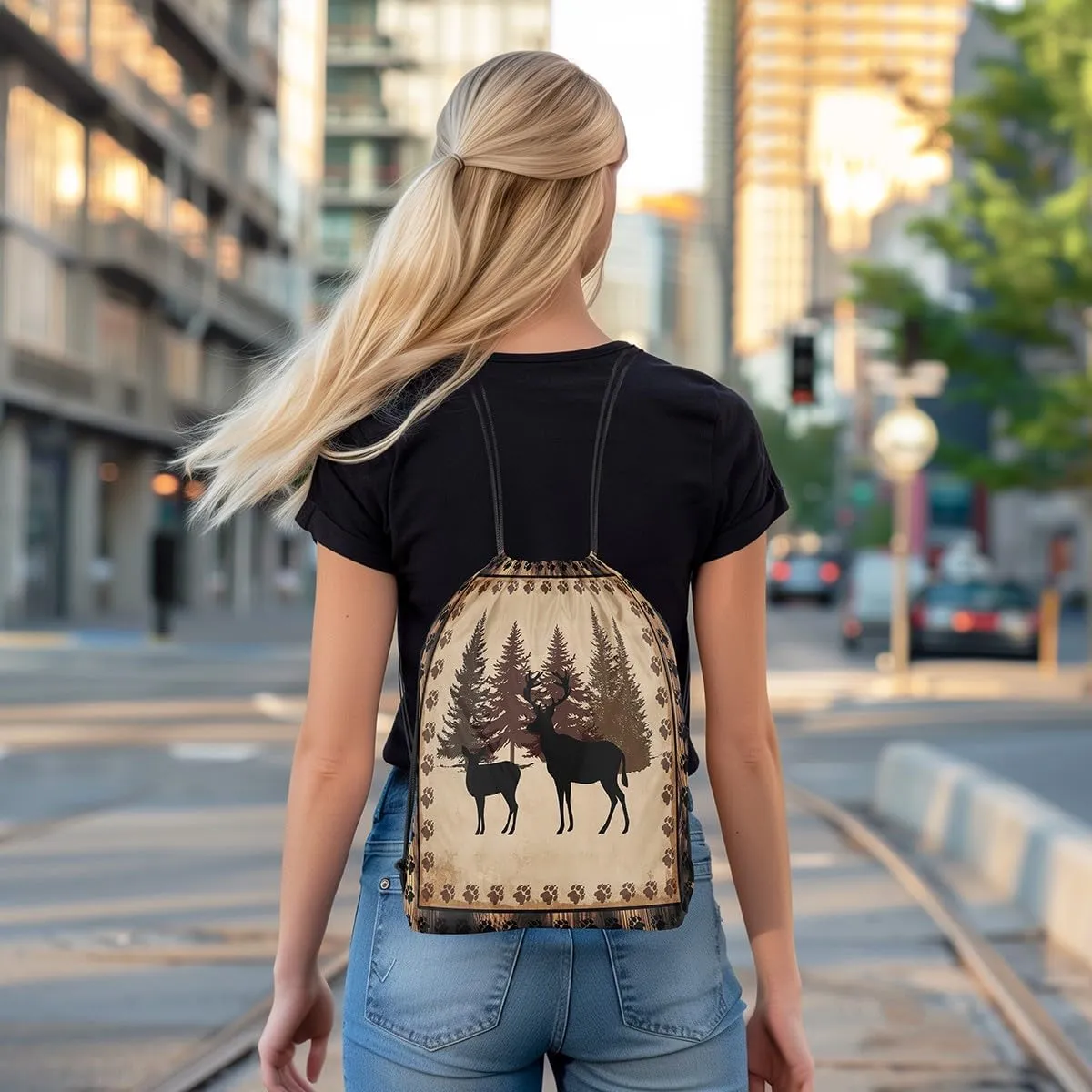 Erosebridal Deer Hunting Drawstring Backpack,Safari Animal Wildlife Decor Drawstring Bags,Rustic Cabin Lodge String Backpack,Alk Anlters Deer Moose Woodland Jungle Draw String Back Bag,13x15.7