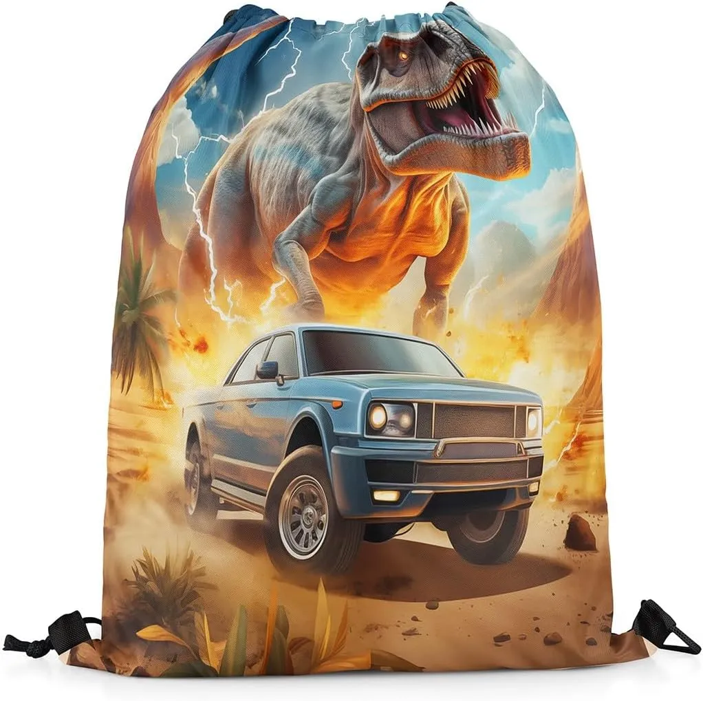 Erosebridal Dinosaurs Drawstring Backpack 13x15.7, Dino Car Drawstring Bags For Gym Swim Yoga, Wild Fire Waterproof Draw String Back Bag, Blue Gray Green Desert Mountains Tree Decorative Cinch Bag