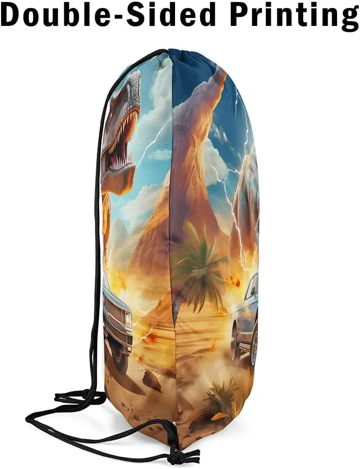Erosebridal Dinosaurs Drawstring Backpack 13x15.7, Dino Car Drawstring Bags For Gym Swim Yoga, Wild Fire Waterproof Draw String Back Bag, Blue Gray Green Desert Mountains Tree Decorative Cinch Bag