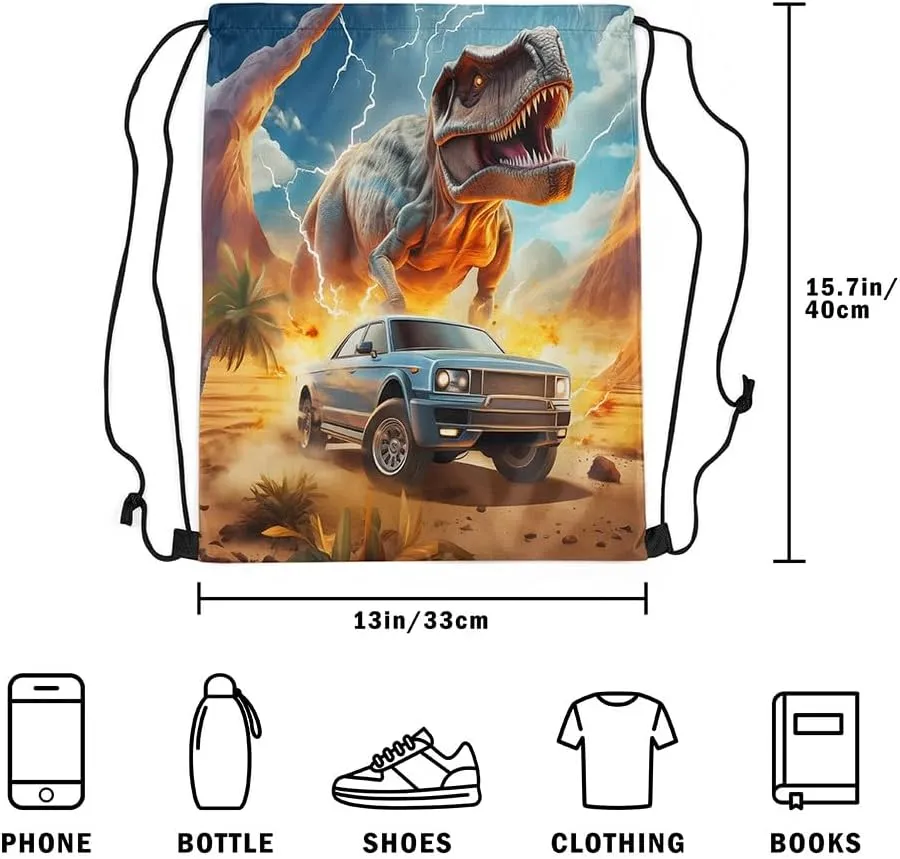 Erosebridal Dinosaurs Drawstring Backpack 13x15.7, Dino Car Drawstring Bags For Gym Swim Yoga, Wild Fire Waterproof Draw String Back Bag, Blue Gray Green Desert Mountains Tree Decorative Cinch Bag