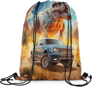 Erosebridal Dinosaurs Drawstring Backpack 13x15.7, Dino Car Drawstring Bags For Gym Swim Yoga, Wild Fire Waterproof Draw String Back Bag, Blue Gray Green Desert Mountains Tree Decorative Cinch Bag
