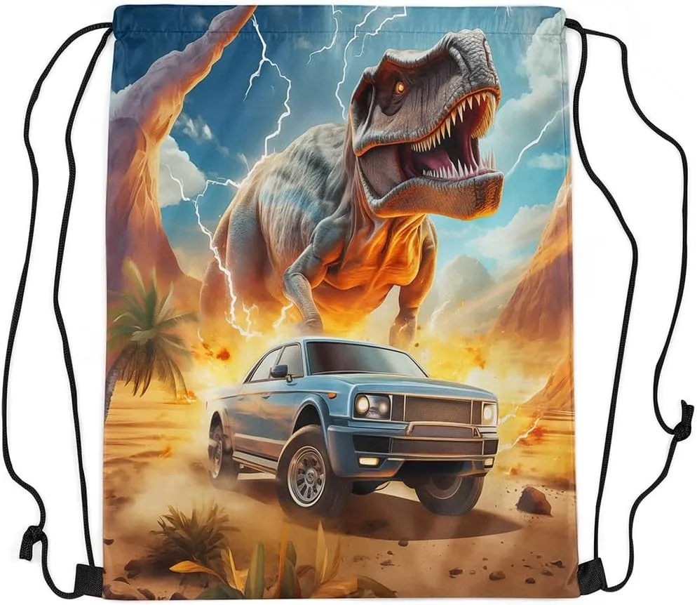 Erosebridal Dinosaurs Drawstring Backpack 13x15.7, Dino Car Drawstring Bags For Gym Swim Yoga, Wild Fire Waterproof Draw String Back Bag, Blue Gray Green Desert Mountains Tree Decorative Cinch Bag