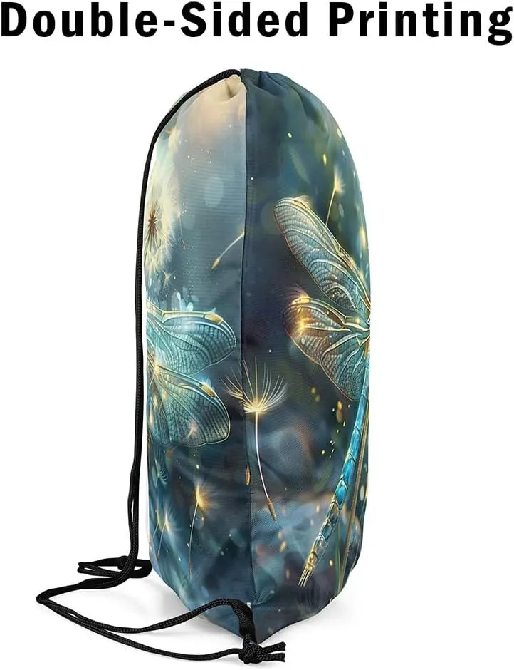Erosebridal Dragonfly Drawstring Backpack 13x15.7, Dandelion Drawstring Bags For Sport Swim Yoga, Animals Botanical Waterproof Draw String Back Bag, Green White 3D Flower Wild Decorative Cinch Bag