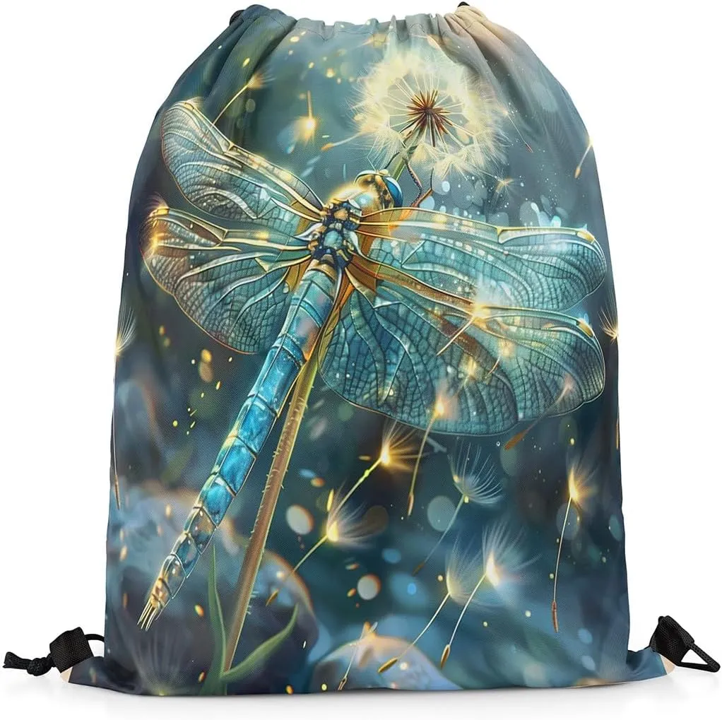 Erosebridal Dragonfly Drawstring Backpack 13x15.7, Dandelion Drawstring Bags For Sport Swim Yoga, Animals Botanical Waterproof Draw String Back Bag, Green White 3D Flower Wild Decorative Cinch Bag