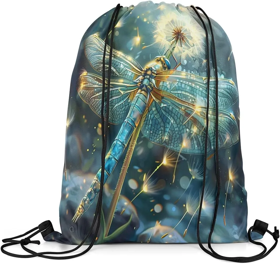 Erosebridal Dragonfly Drawstring Backpack 13x15.7, Dandelion Drawstring Bags For Sport Swim Yoga, Animals Botanical Waterproof Draw String Back Bag, Green White 3D Flower Wild Decorative Cinch Bag