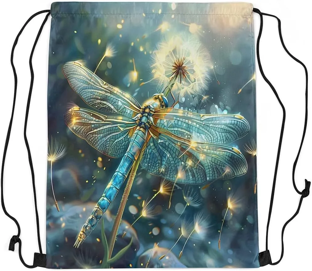 Erosebridal Dragonfly Drawstring Backpack 13x15.7, Dandelion Drawstring Bags For Sport Swim Yoga, Animals Botanical Waterproof Draw String Back Bag, Green White 3D Flower Wild Decorative Cinch Bag