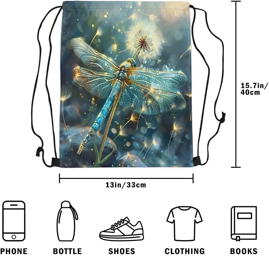Erosebridal Dragonfly Drawstring Backpack 13x15.7, Dandelion Drawstring Bags For Sport Swim Yoga, Animals Botanical Waterproof Draw String Back Bag, Green White 3D Flower Wild Decorative Cinch Bag