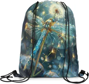 Erosebridal Dragonfly Drawstring Backpack 13x15.7, Dandelion Drawstring Bags For Sport Swim Yoga, Animals Botanical Waterproof Draw String Back Bag, Green White 3D Flower Wild Decorative Cinch Bag