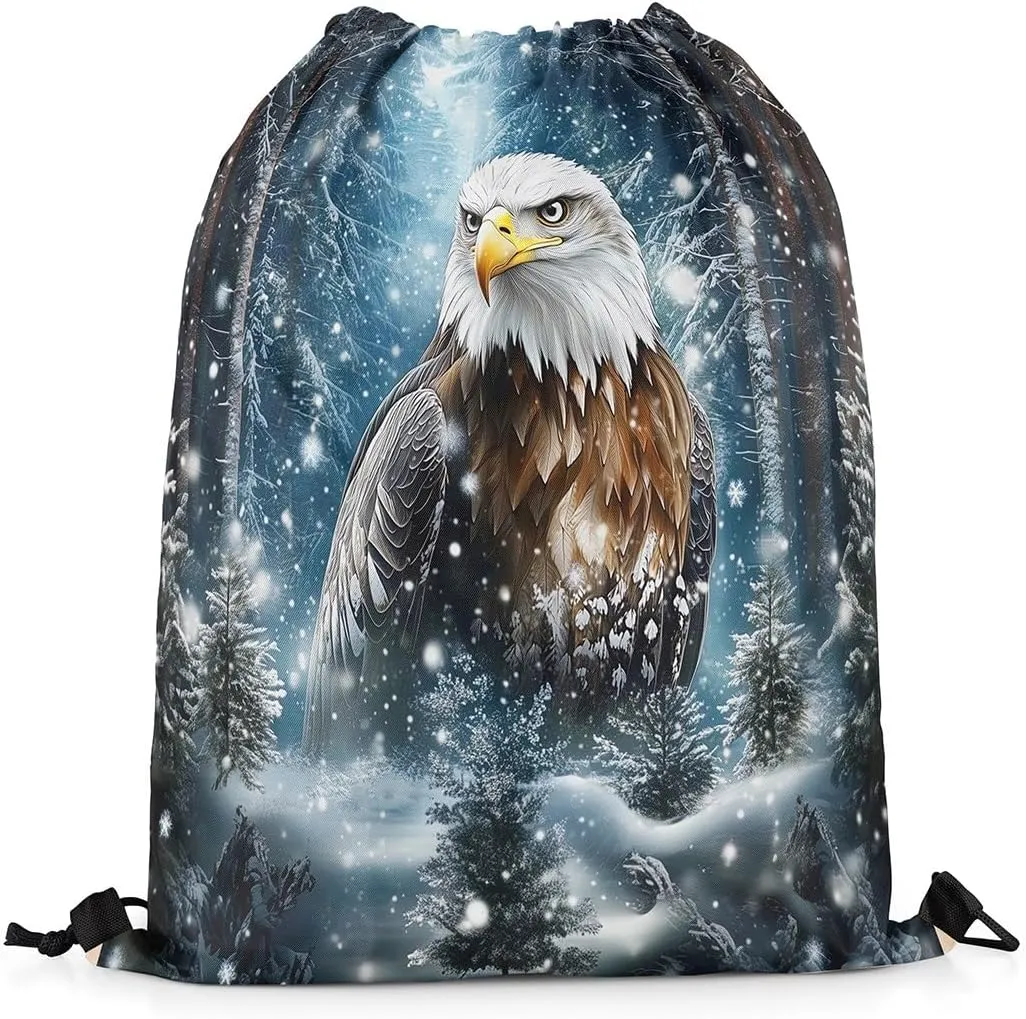 Erosebridal Eagle Drawstring Backpack 13x15.7, Jungle Wildlife Snowflakes Drawstring Bags, 3D Bird Animal Woodland Foldable Draw String Back Bag For Swim Yoga, Winter Pine Trees String Backpack