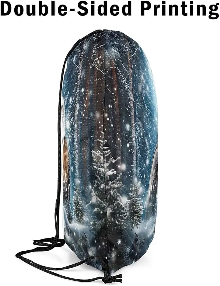 Erosebridal Eagle Drawstring Backpack 13x15.7, Jungle Wildlife Snowflakes Drawstring Bags, 3D Bird Animal Woodland Foldable Draw String Back Bag For Swim Yoga, Winter Pine Trees String Backpack