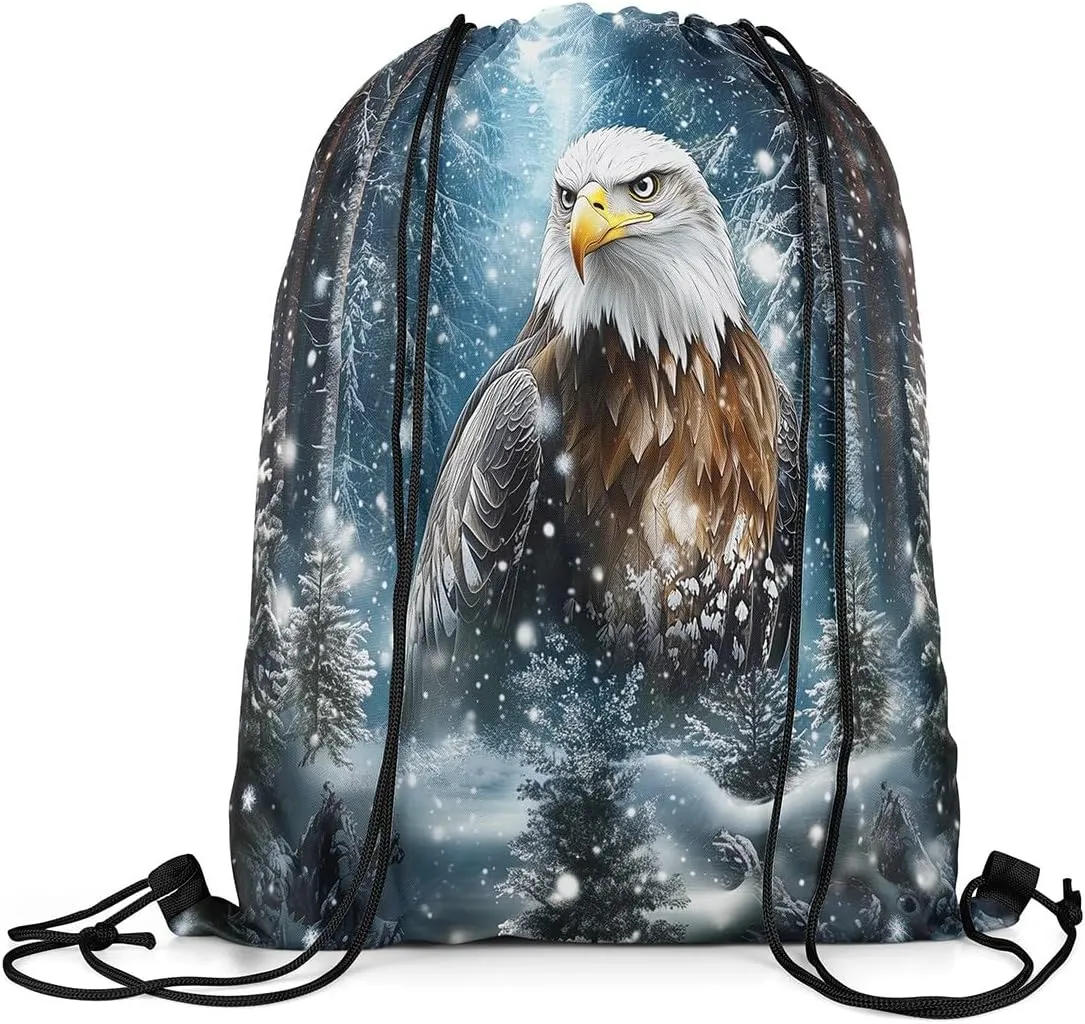 Erosebridal Eagle Drawstring Backpack 13x15.7, Jungle Wildlife Snowflakes Drawstring Bags, 3D Bird Animal Woodland Foldable Draw String Back Bag For Swim Yoga, Winter Pine Trees String Backpack