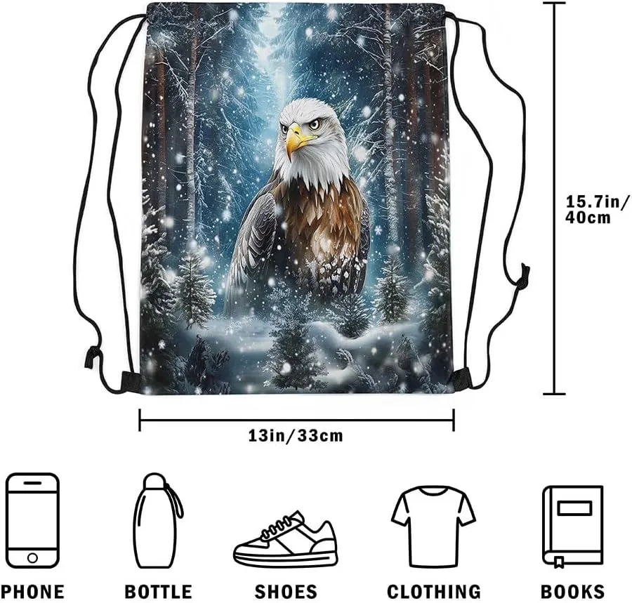 Erosebridal Eagle Drawstring Backpack 13x15.7, Jungle Wildlife Snowflakes Drawstring Bags, 3D Bird Animal Woodland Foldable Draw String Back Bag For Swim Yoga, Winter Pine Trees String Backpack