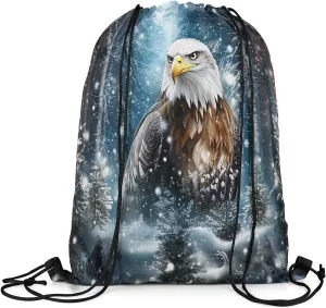 Erosebridal Eagle Drawstring Backpack 13x15.7, Jungle Wildlife Snowflakes Drawstring Bags, 3D Bird Animal Woodland Foldable Draw String Back Bag For Swim Yoga, Winter Pine Trees String Backpack