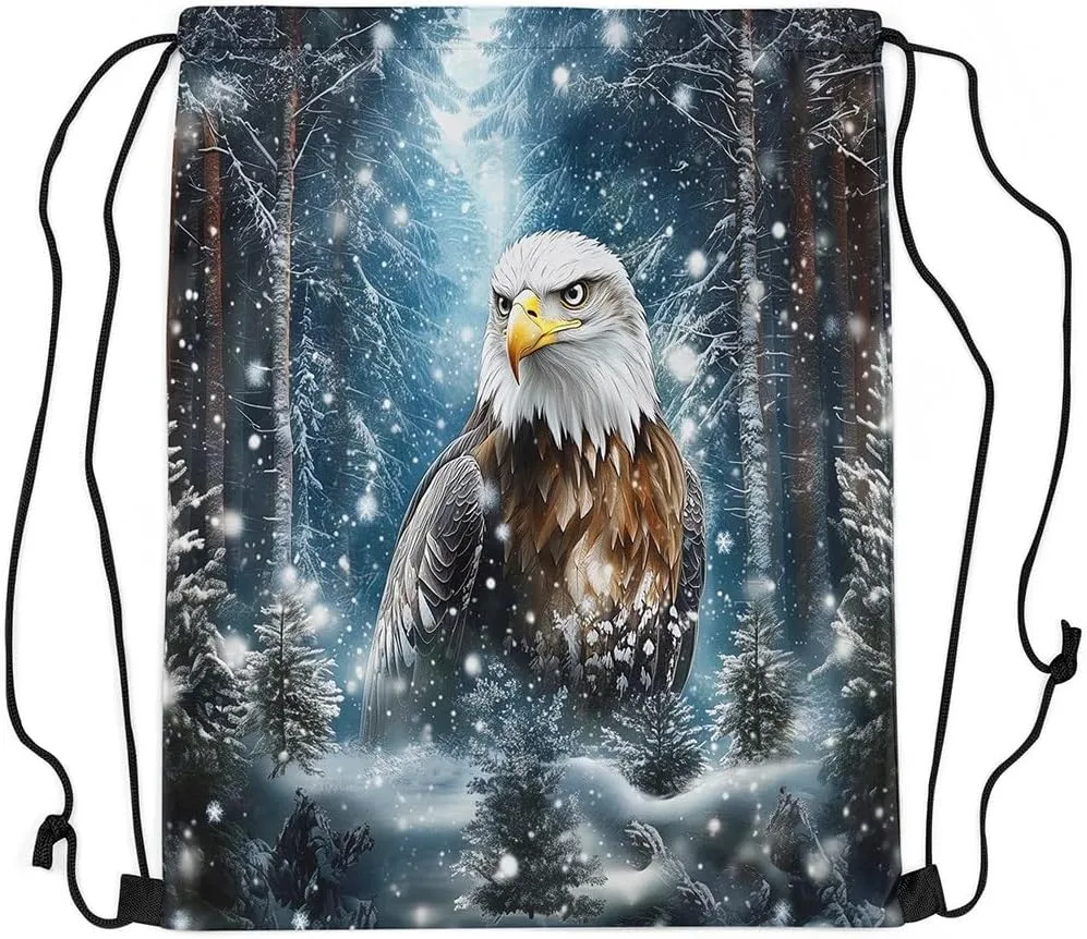 Erosebridal Eagle Drawstring Backpack 13x15.7, Jungle Wildlife Snowflakes Drawstring Bags, 3D Bird Animal Woodland Foldable Draw String Back Bag For Swim Yoga, Winter Pine Trees String Backpack