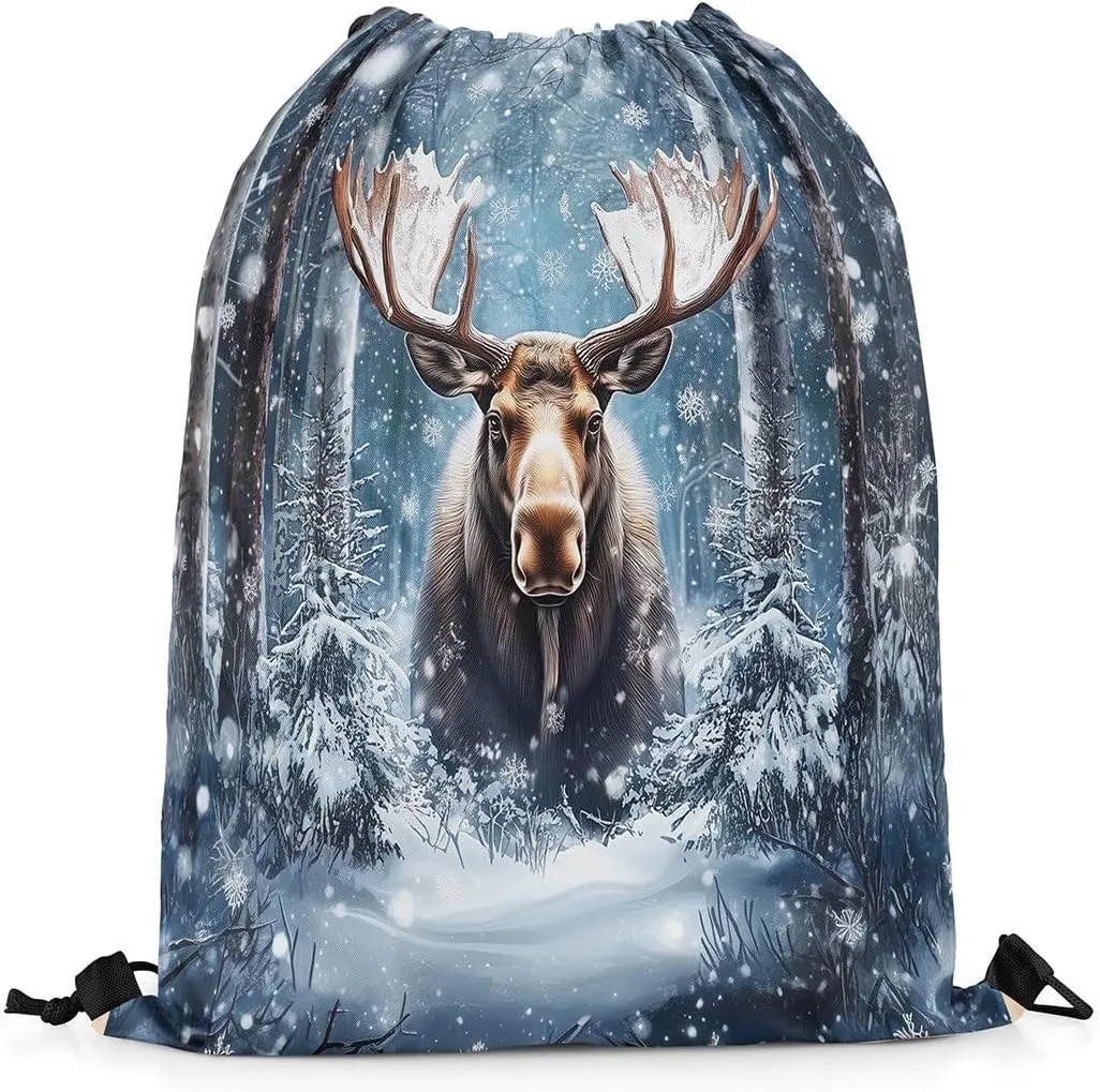 Erosebridal Elk Drawstring Backpack 13x15.7, Moose Hunting Drawstring Bags, Woodland Wild Animal Reversible Draw String Back Bag For Swim Yoga, Winter Snowflakes Deer String Backpack