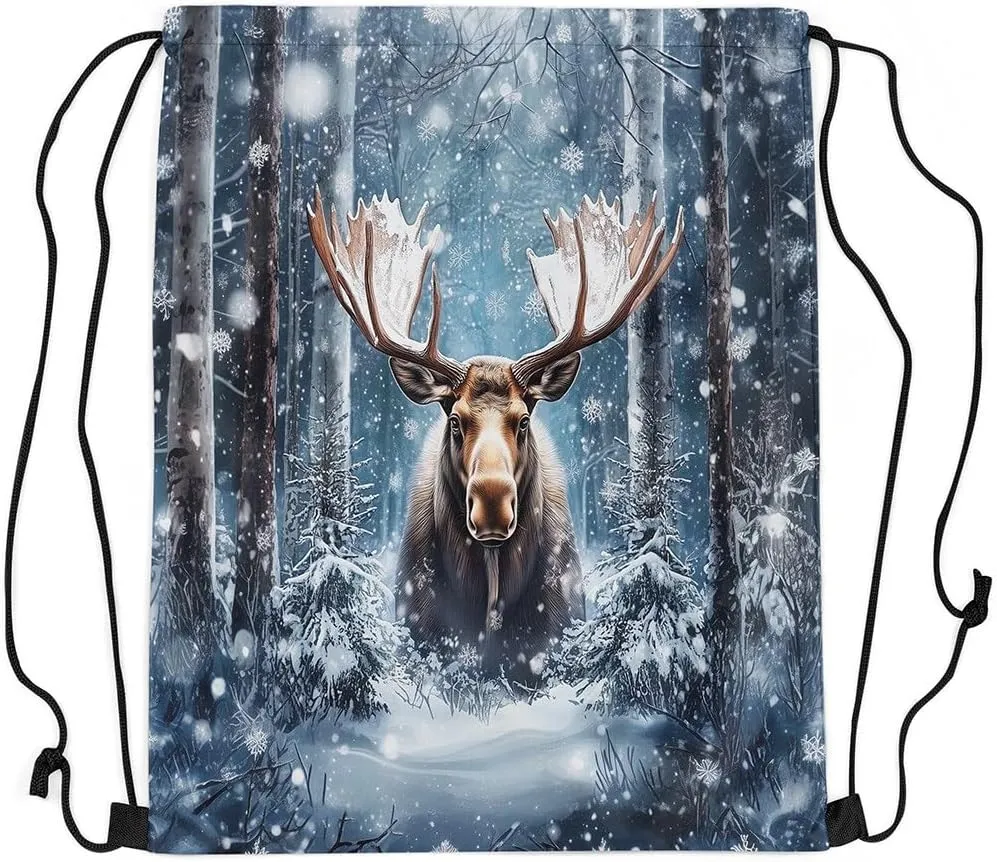 Erosebridal Elk Drawstring Backpack 13x15.7, Moose Hunting Drawstring Bags, Woodland Wild Animal Reversible Draw String Back Bag For Swim Yoga, Winter Snowflakes Deer String Backpack